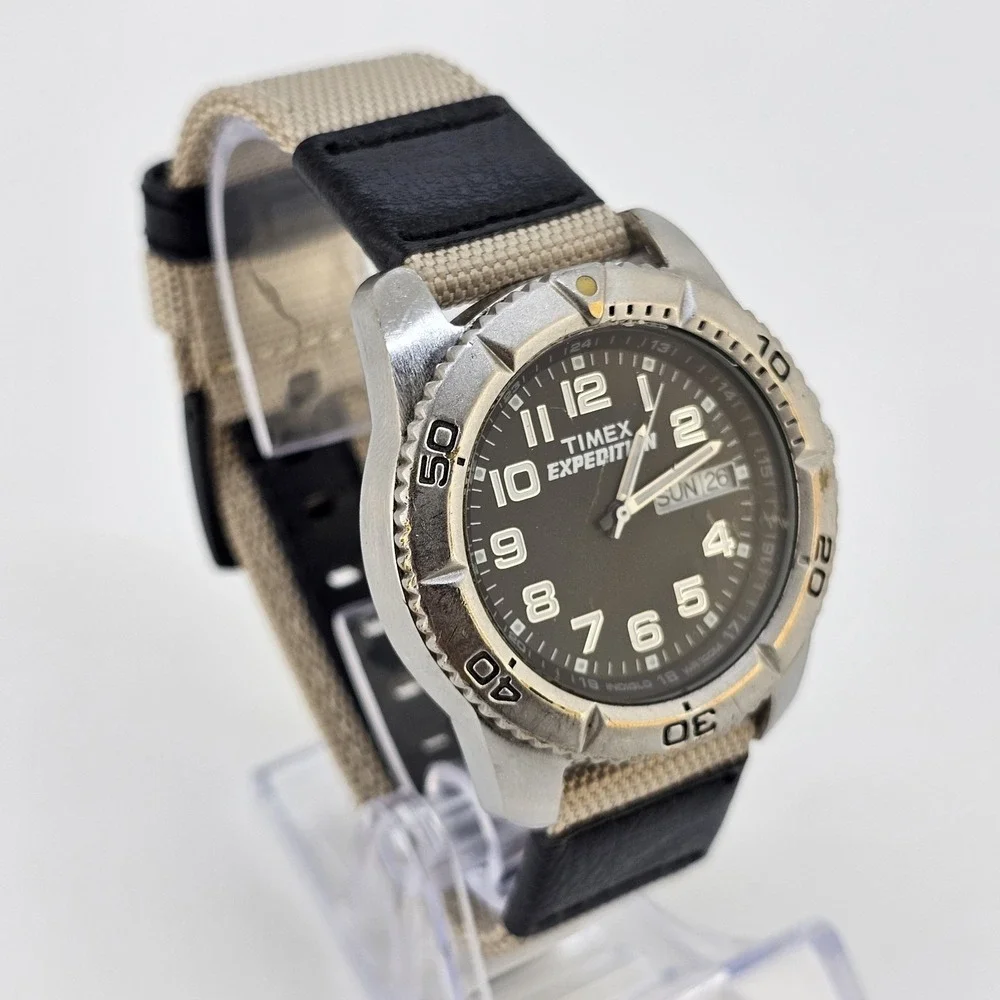 Timex Expedition Men Watch 40MM Black DayDate Dial NEW Tan Nylon Bands Battery